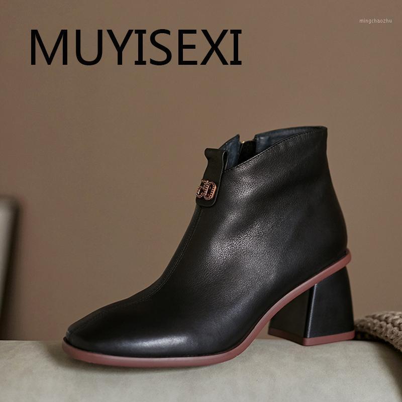 

Black ankle boots genuine leather side zipper square toe 6cm high heel solid color all-match modern dailywear cozy TN21 MUYISEXI1