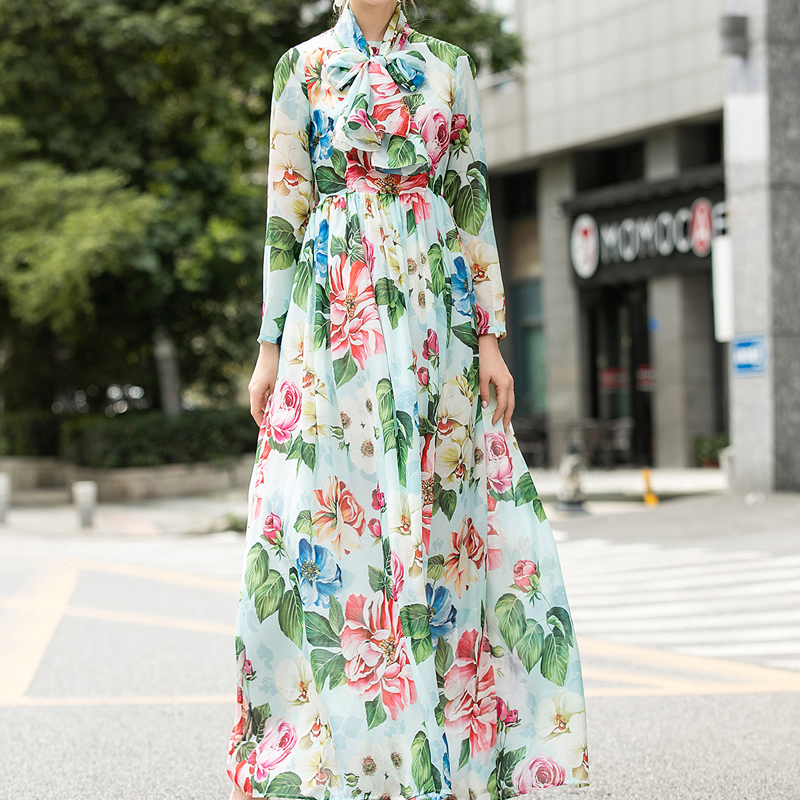 

Runway Retro Printing Bowknot Flowers Long Sleeves Party Elegant Temperament Thin Dress Women Wear High Quality Z4xa, Multiple