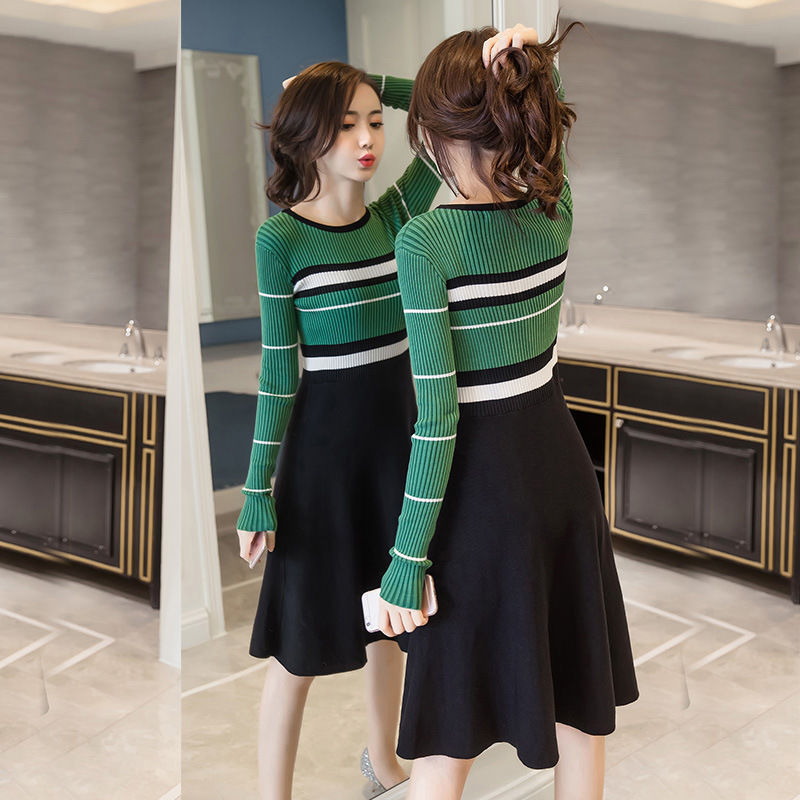 

New feminino 2021 longo vestidos malha torno pescoo estiramento de manga comprida elegante inverno listrado camisola FEZ7, Heise