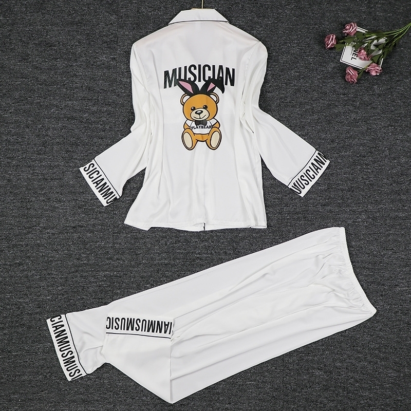 

autumn Cartoon Pajamas women satin night suits sleep tops Sleepwear silk night wear women set pijama kawaii luxury pajama 201114, Pink
