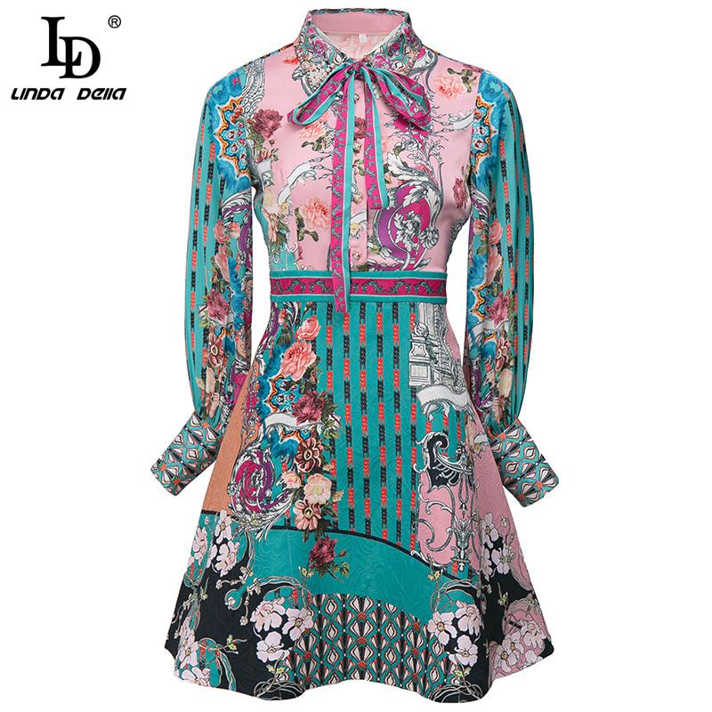 

LD LINDA DELLA Floral Jacquard Autumn Vintage Mini Dress Women Fashion Designer Long Sleeve Printed Vintage Party Short Dress, Multi