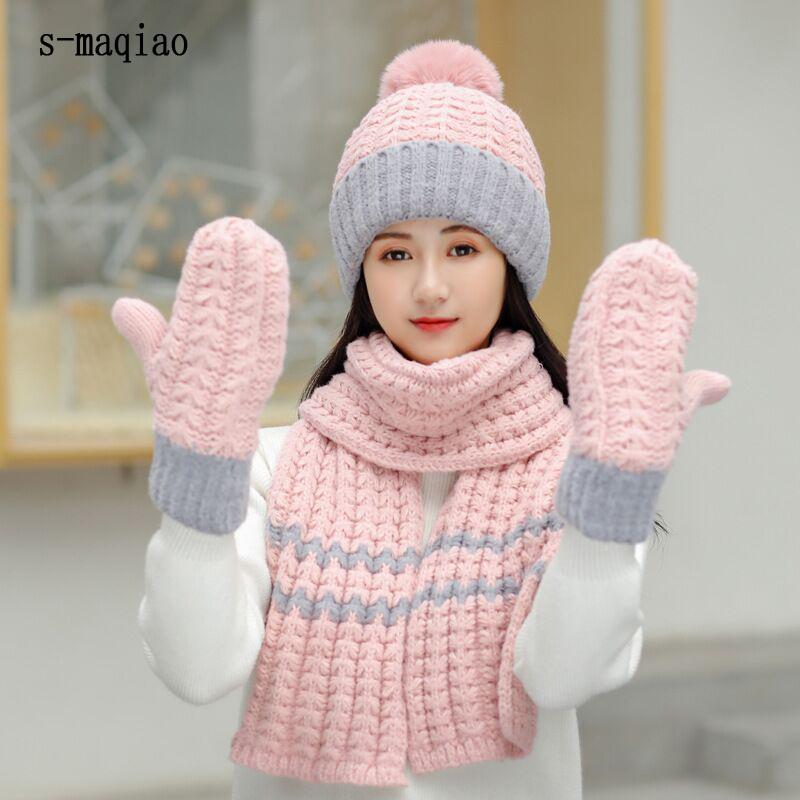 

2020 New Women Winter Hat Scarf /Gloves Sets Female 3 Piece Knitted Hats Scarf Set Caps Sweet Girl Warm Skullies Beanies Hat, Yellow