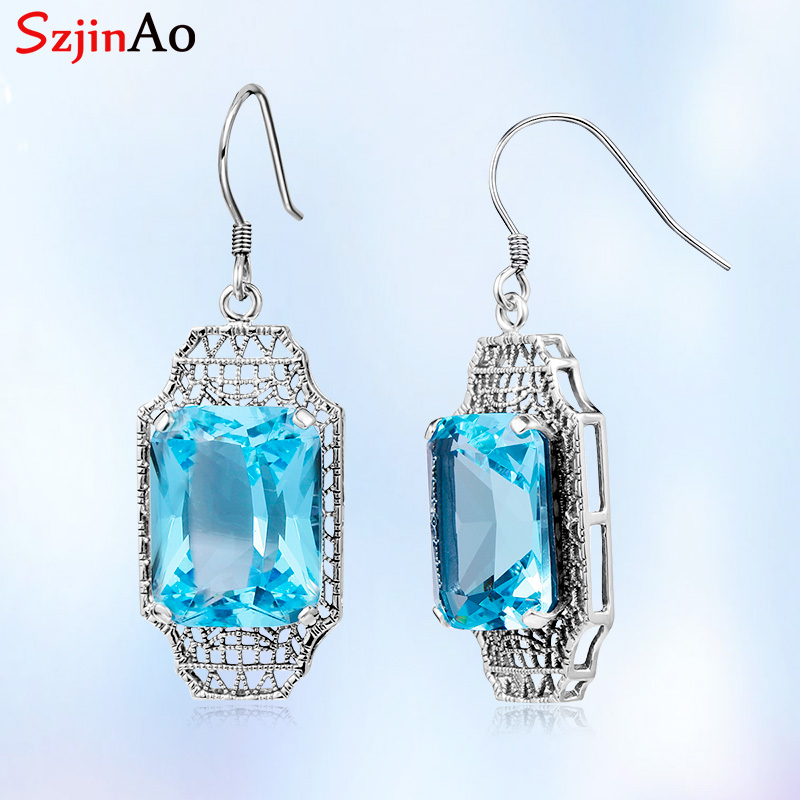 

Ladies Gemstone Earrings In Drop Earrings Aquamarine Woman Blue Topaz Engagement Female Wedding Valentine's Jewelry