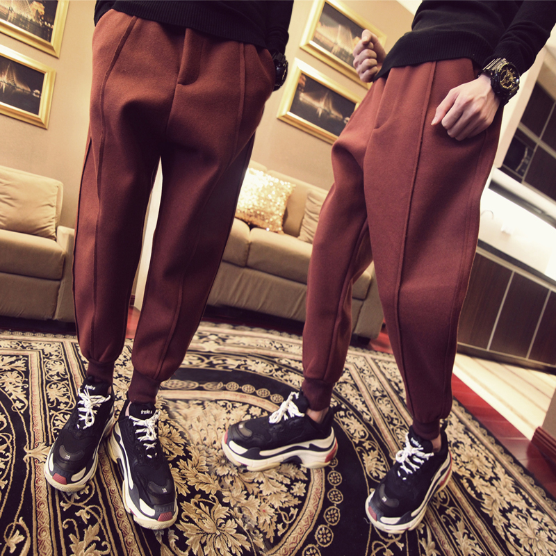 

2021 New Spring Autumn Male Loose Woolen Suede Bow Tie Small Pants Harepants Tend Youth. NZ4F, Burgundy.