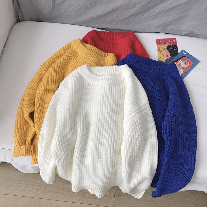 

2020 New Winter Men's Loose Round Neck Sweater Pullover Solid Color Street Casual Wear Thickening Men's Sweater Top, White
