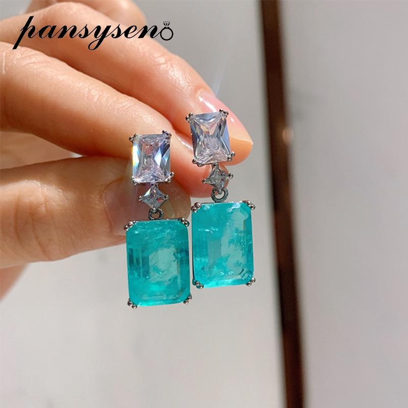 

PANSYSEN Luxury 925 Sterling Silver Paraiba Tourmaline Emerald Gemstone Diamond Drop Earrings for Women Fine Jewelry Wholesale