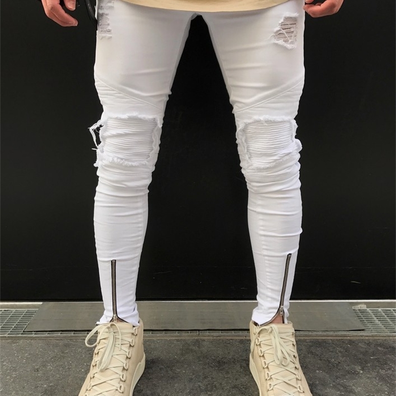 

Men Jeans Stretch broken Hole Ripped Design Fashion Ankle Zipper white Skinny Jeans For Men Y200115, 1847 blue