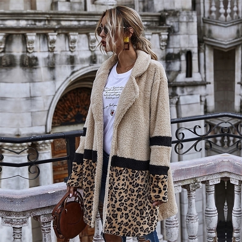 

New Open Stitch Flocking Plush Jacket Women Autumn Winter Leopard Patchwork Jacket Coat Female Casual 201112, Khaki