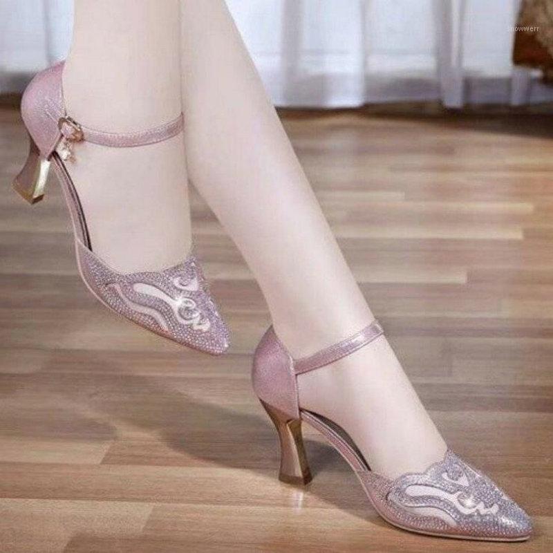 

woman High heels 2021 summer new pointed Thin Heels high women's One word buckle wild Shallow mouth 7cm C11-941, Black