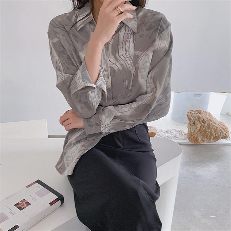 

Spring Printing Blouse Shirt OF7472 Women Long Sleeve Vintage Ladies Loose Blouses Turn Down Collar Casual Office Shirts Tops, Dark grey