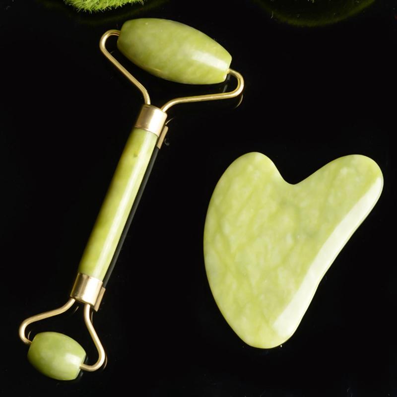 

2 in 1 Green Roller and Gua Sha Tools Set by Natural Jade Scraper Massager with Stones for Face Neck Back and Jawline