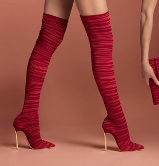 

Women Pleated Velvet Pointed Toe Over Knee Metal Stiletto Heel Bandage Boots Red Beige Black Slip-on Thigh High Heel Boots, As picture