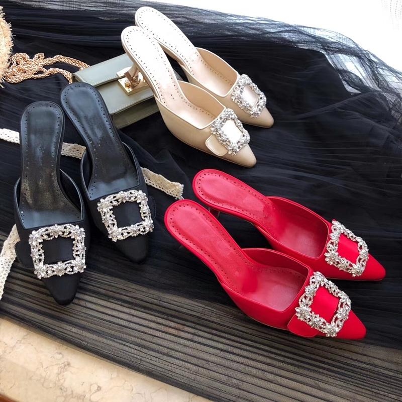 

Women Slippers Crystal Slip-On Genuine Leather Thin Heels Ladies Sandals Comfort Pumps Outside Slippers Middle Heels Sandals, As show5