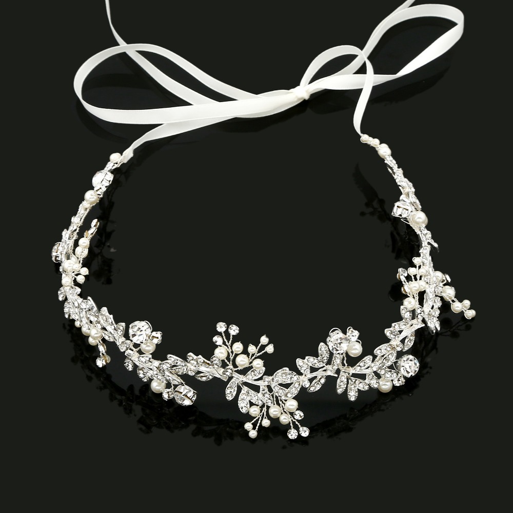 SLBRIDAL Handmade Ribbon Alloy Wired Rhinestones Crystals Pearls Flower Leaf Wedding Headband Bridal Hair Vine Hair Accessories W0104-image-633643889