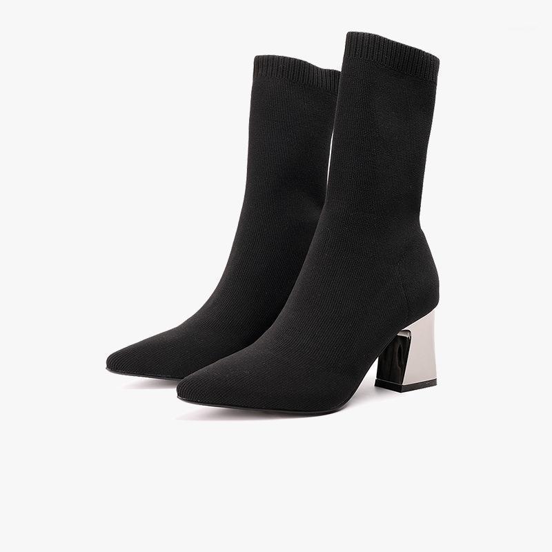 

2020 Square Chunky Heel Pointed Fashion Socks Boots Black 7cm High Heel Casual Women's Boots women high heels1
