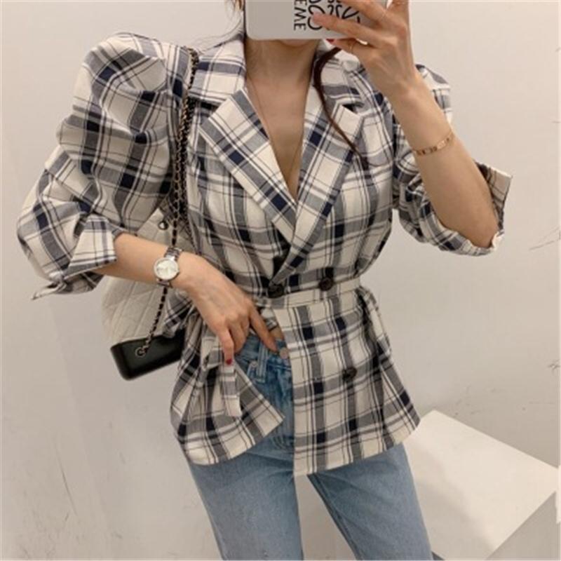 

Vintage Classic Plaid Suit Coat Women Fall Korean Loose Belt Double Breasted Shoulder Pads Blazers Female Fashion Lady Outwear, Blue