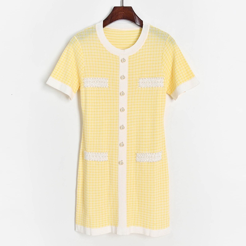 

High Quality Women in Mesh Fine Mini Summer Hollow Beads Out Pockets Girly Elegant Office Dress Wear Dresses 64ih, Yellow