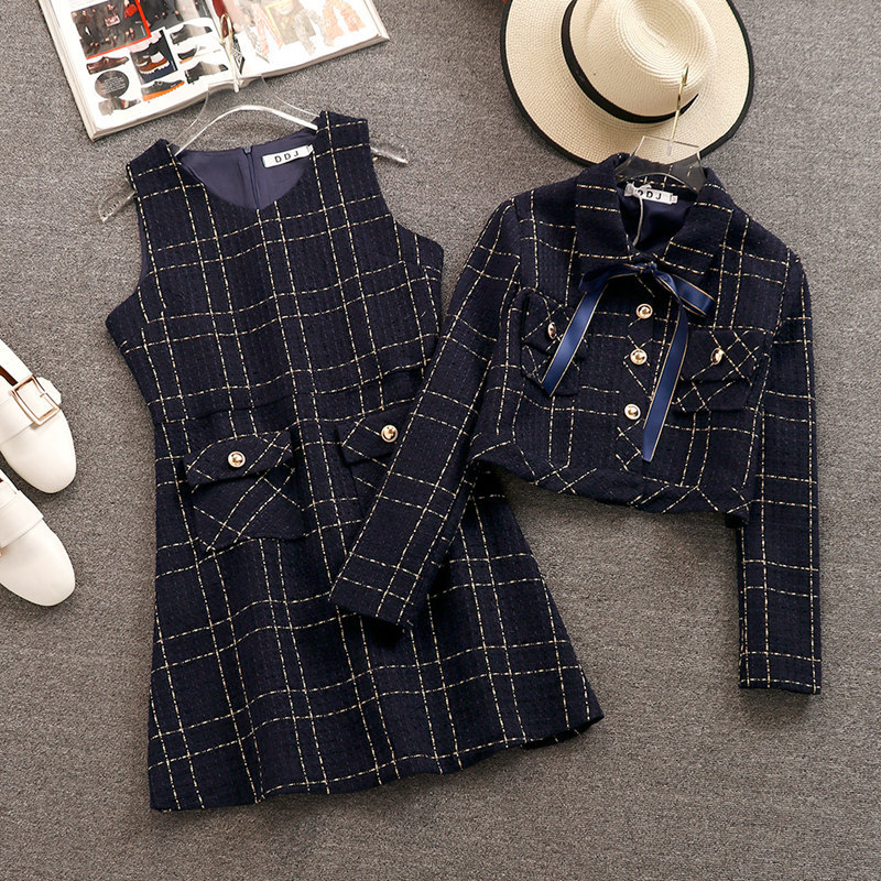 

2021 New Plaid Wool Coat + Sleeveless Vest Tweed Suit Two Piece Set Autumn Winter Woman Elegant Office Jacket 212f, Navy blue