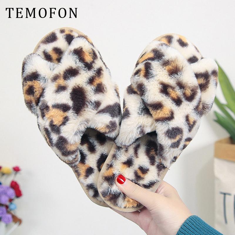 

TEMOFON 2020 fashion women shoes winter indoor slippers soft home shoes women house slippers furry sleepers woman HVT13071, Leopard blue