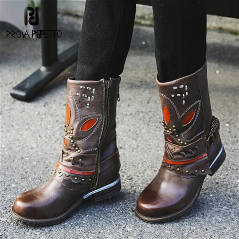 

Prova Perfetto Black Brown Genuine Leather Women Riding Boots Female Winter High Boots Mid-Calf Platform Rubber Shoes Woman