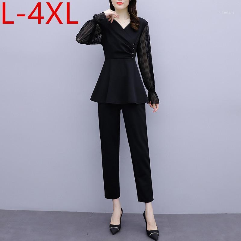 

4XL Plus size Autumn Women Flare Long Sleeves V Neck Tops + Pants Office Ladies two-piece sets Female Suits Outfit S1261, As pic