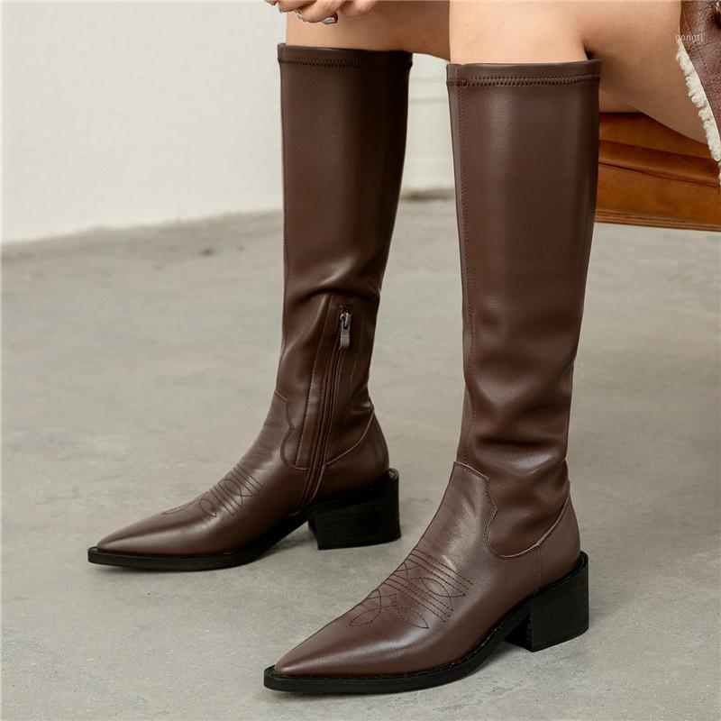 

2020 New Pointed Outdoor Riding Boots Knee-High Thick Heel Long Tube Women Shoes Cow Leather Zip Stretch Equestrian Boots 5.5cm1, Black