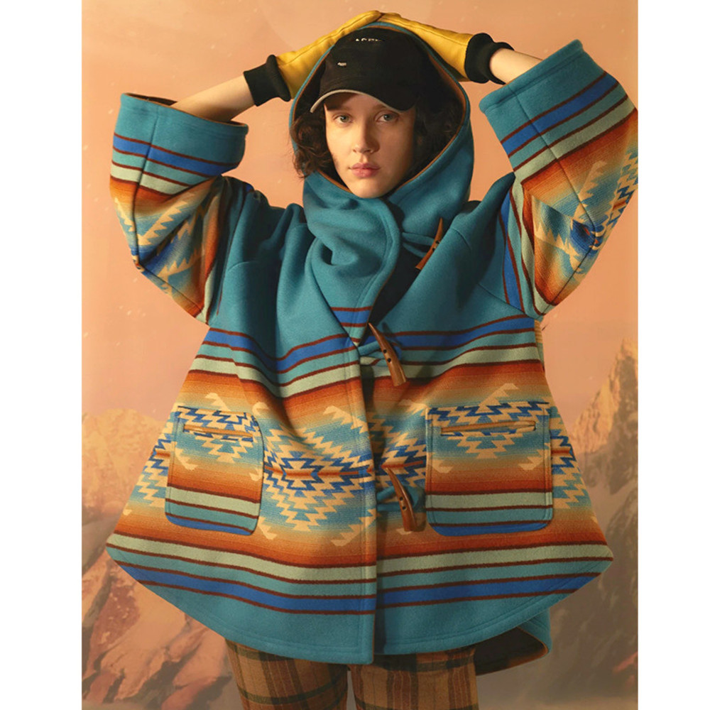 

AYUALIN long sleeve cloak Cape Women Coats Hippie Boho Ethnic Hooded Autumn Winter Thick Warm Outerwear Female Jacket coat 2020, Print-2