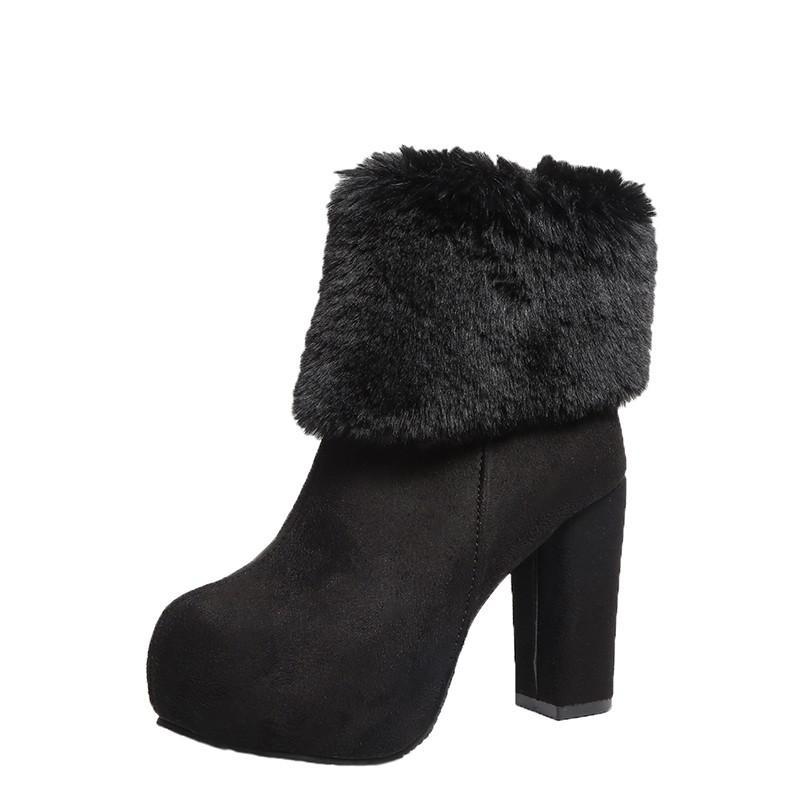 

Super High Heel Women's Boots Warm Winter Plush Boots Fashion Increase Women Shoes Suede Round Toe Flanging Female Booties, Khaki