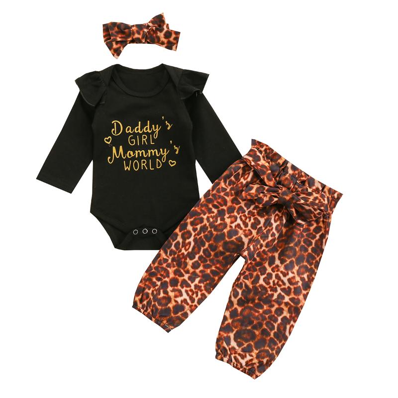 

Baby Girl Top Bodysuits Leopard Pants Suit, Round Neck Long Sleeve Letters Printed Shirt, Warm Loose Jogger Trousers, Headband