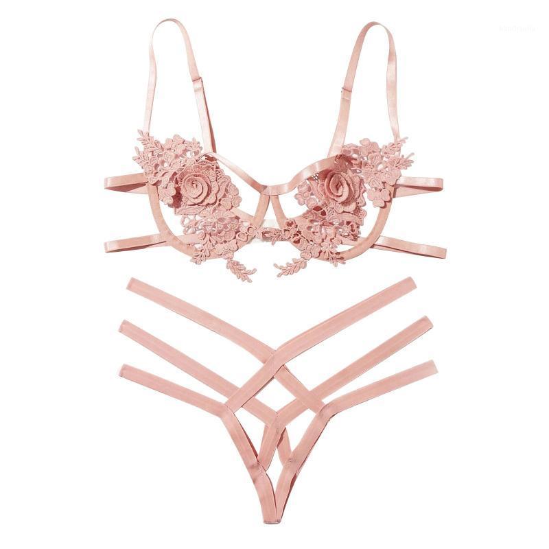 

Sexy Lingerie Lace 2pcs Bra Set Bralette Bralet Bras G-string Panties Temptation Rose Underwear With Steel Ring G-string Thong#N1, Pink