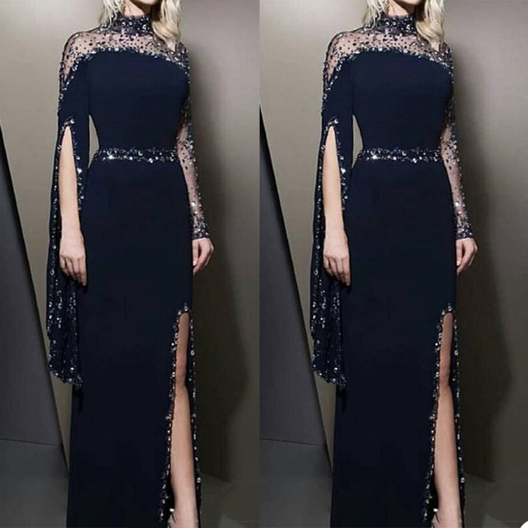 

High Neck Navy Mermaid Prom Dresses Beads Sequins Appliqued Long Sleeves Evening Dresses Ruched Satin Custom Made Formal Pageant Gown, Yellow