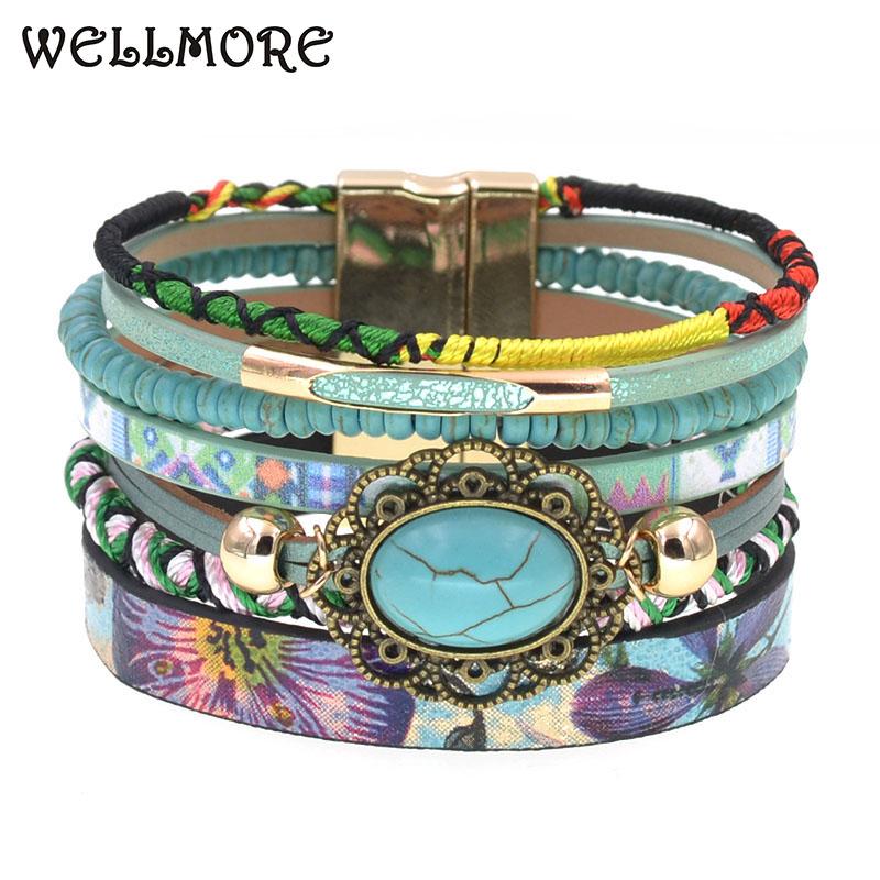 

WELLMORE bohemia bracelets for women stone leather bracelets multilayer wide charm & Bangles Female fashion Jewelry