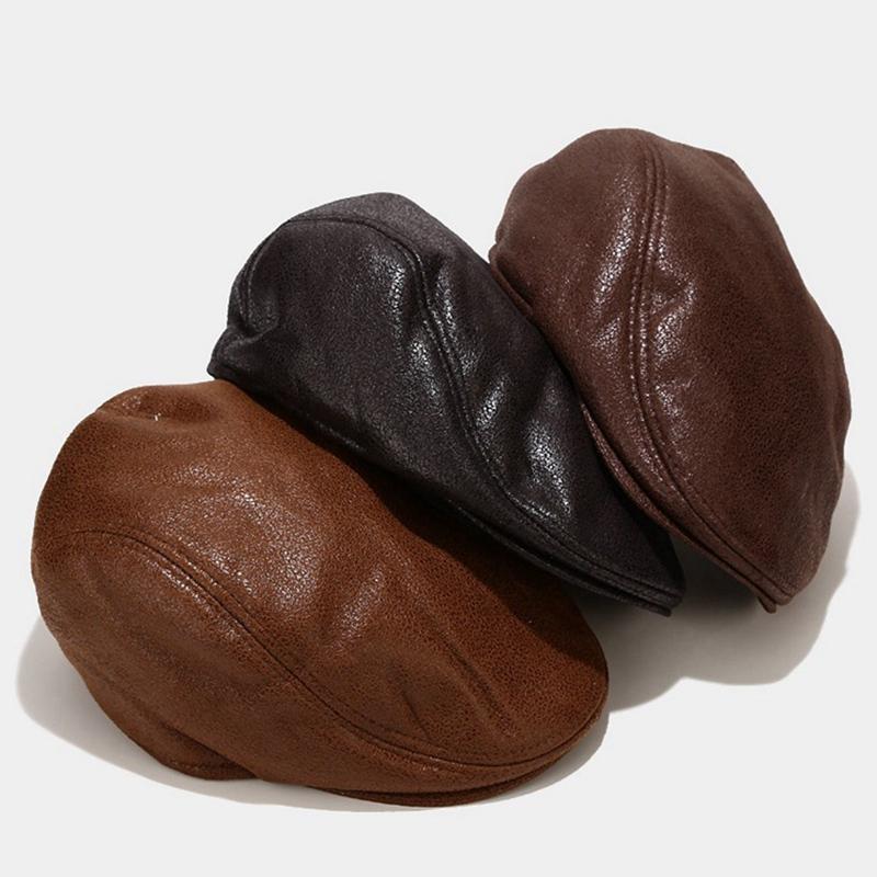 

New style PU leather hat forward hat painter retro beret flat top, Br