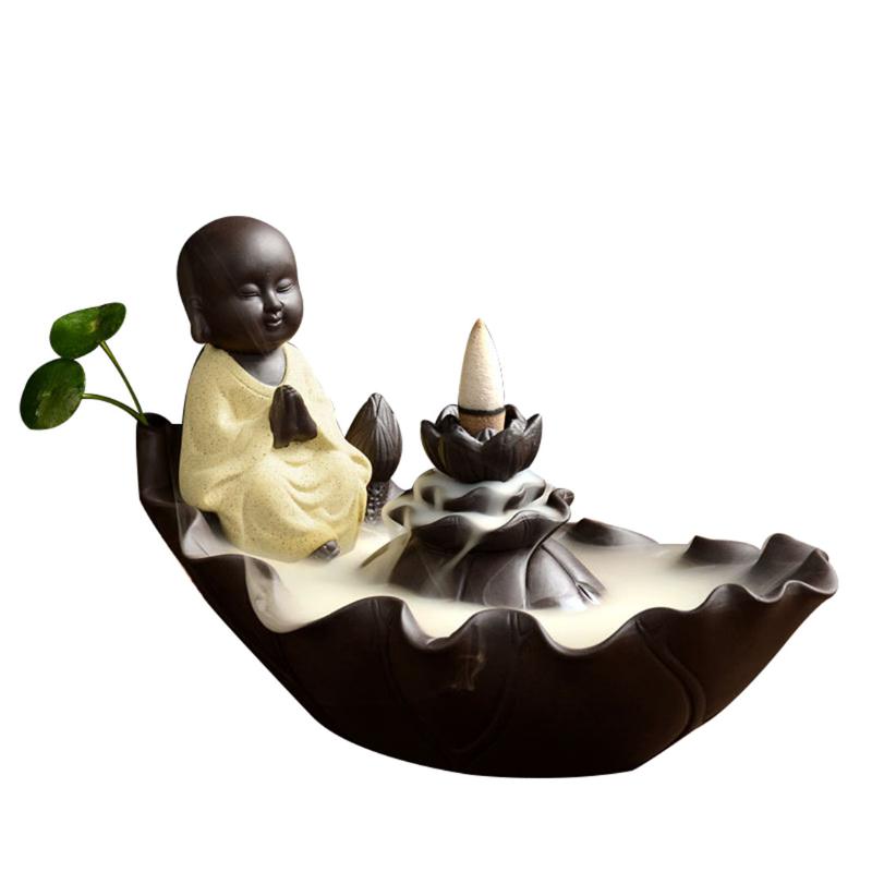 

Lotus Shape Ceramic Backflow Incense Burner Censer Small Monk Little Buddha Incense Cone Holders Creative Home Office Decoration