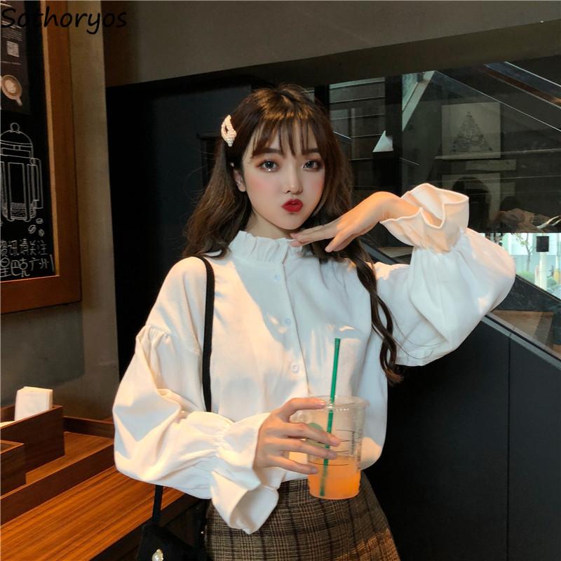 

Women Shirts Autumn Ruffled Designed Lantern Sleeve Basic All-match New Arrival Casual Kawaii Cozy Trendy Womens Outwear Daily, Gray