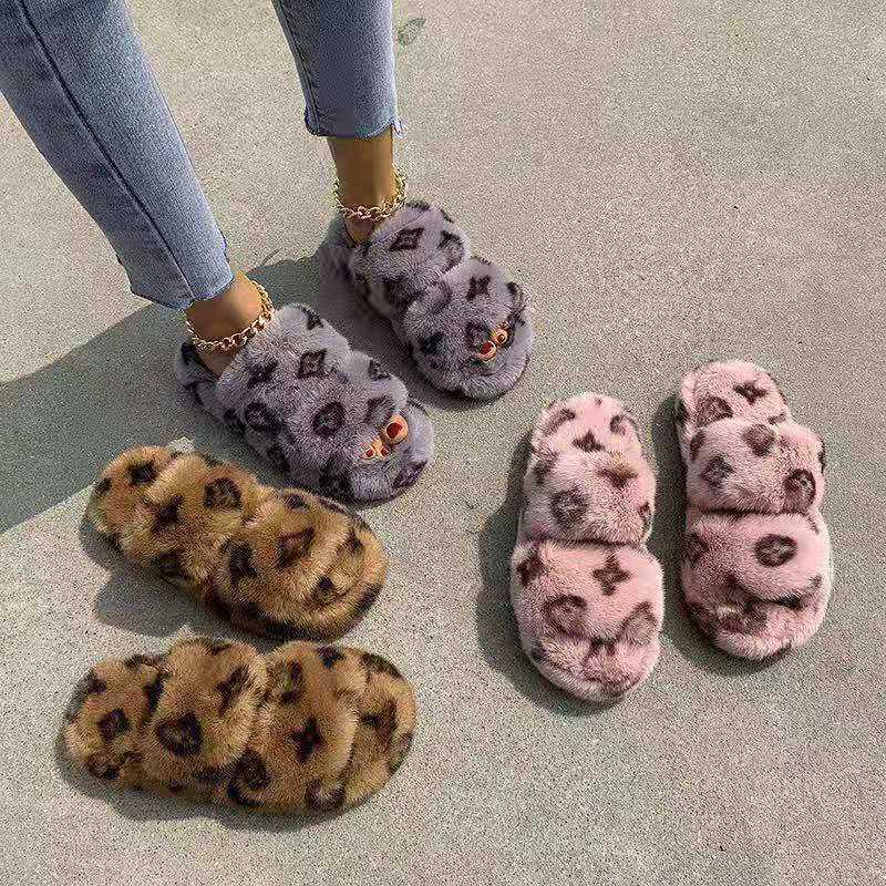 

2022 Winter Indoor Fur Slippers House Full Furry Soft Fluffy Plush Platform Flats Heel Non Slip Luxury Designer Shoes Casual Ladies, Gray