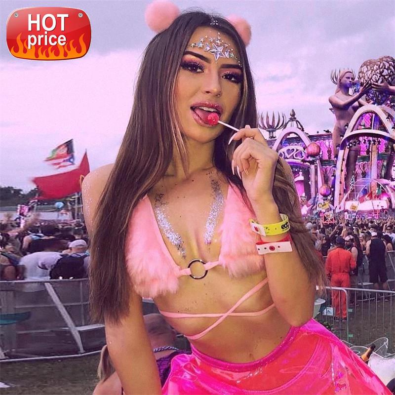 

Fluffy Faux Fur Pink Bra Crop Top Sexy Festival Rave Halter Top Women Party Club Summer Beach Backless Bandage Bralette Camis #dz3d, White