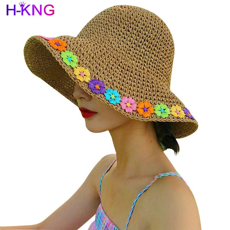 

H-KING Raffia Flowers Sun Hat Wide Brim Floppy Summer Hats For Women Beach Panama Straw Dome Bucket Hat Femme Shade, Khaki