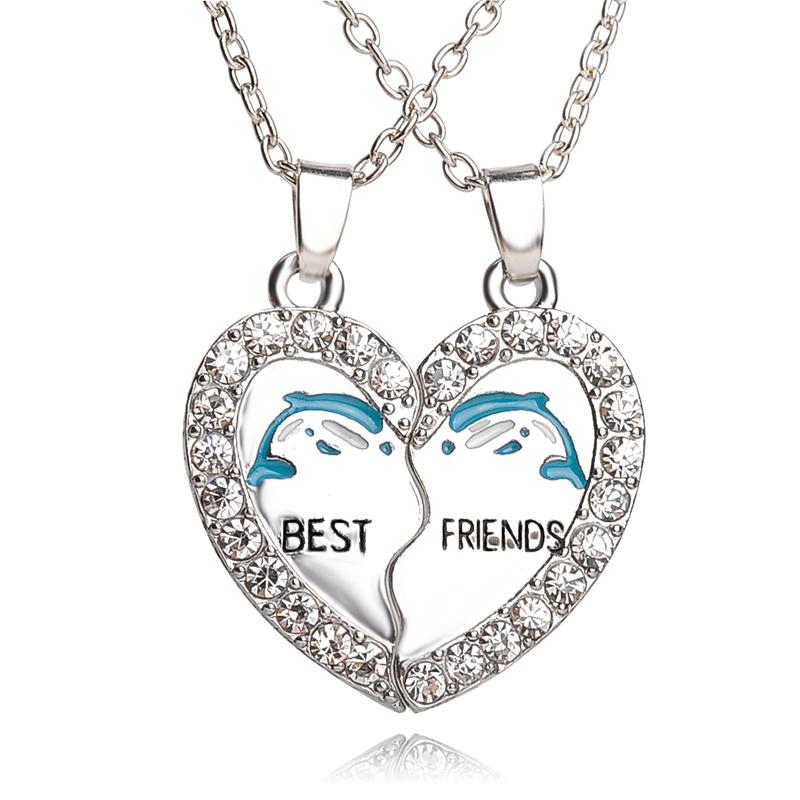 

Hot Christmas Gift Women Fashion Silver-plated Necklaces Broken Heart-shaped Pendants Dolphin Sign Crystal Rhinestone Necklaces