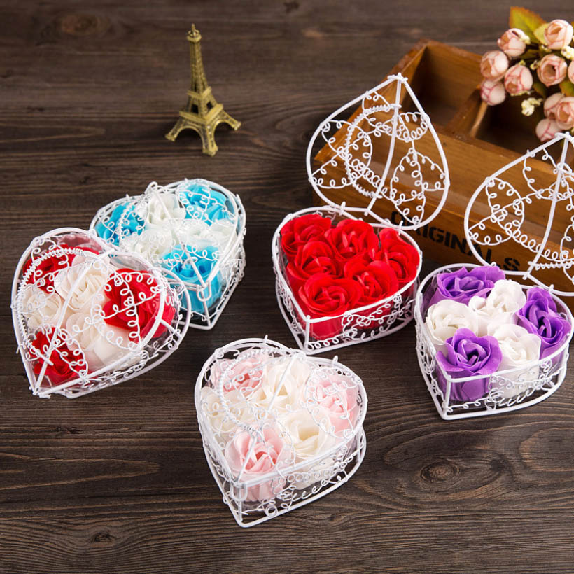 

Valentines Day Gifts For Rose Soap Flower Petal with Iron Basket Heart Shape Roses Flower Gift Box Wedding Birthday Mothers Day Gift HH21-28