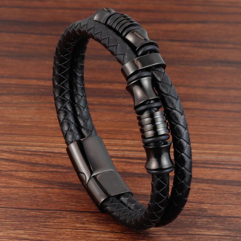 

Charm Bracelets Fashion Multilayer Leather Bracelet For Men Jewelry Punk Stainless Steel Bangle Magnetic Buckle Black Color
