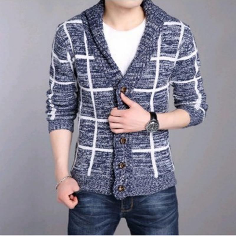 

ZOGAA New Sweater Cardigan Men Thick Sleeve Long Jacket Fashion Casual Slim Collar Button Knit Solid Color Sweaters for Men, Blue