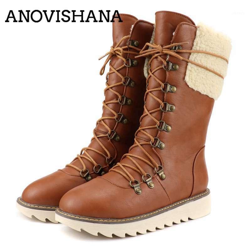 

ANOVISHANA western winter boots women round toe lace up warm plush platform booties mid calf gothic rivet casual cowbow botas1, Black