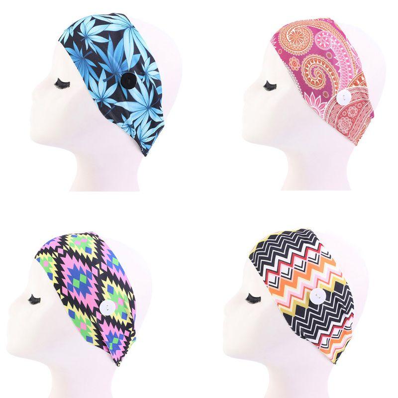 

High Elasticity Sport Wide Hairband Flower Printed Head Band Button Mask Holder L4ME