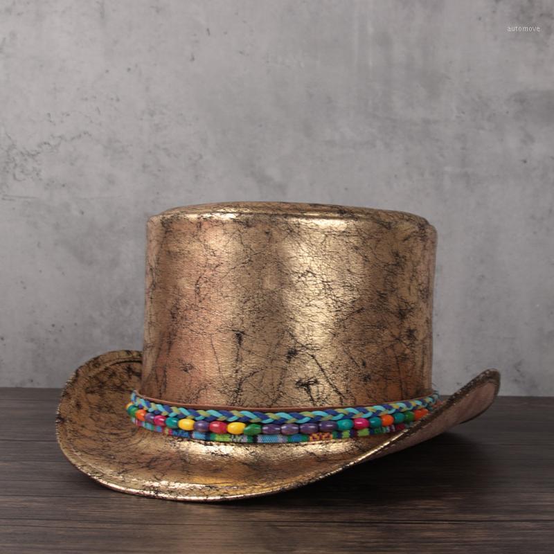 

2021 3 Size Women Leather Top Hat Shower Lday Fedora Hat Magic Flat Cosplay Pork Pie Party Caps Dropshiping 13cm1, Gold