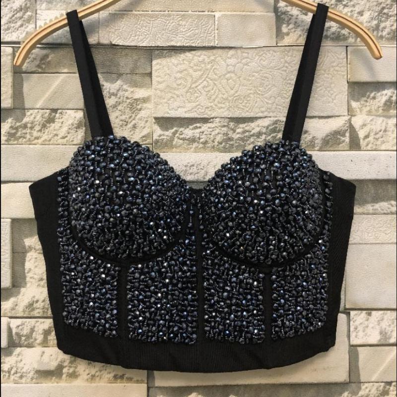 

High-quality Hand-made Pearls Jewel Diamond beading Bralet Women' Bustier Bra Cropped Top Vest Plus Size wq1048 dropship1, Black