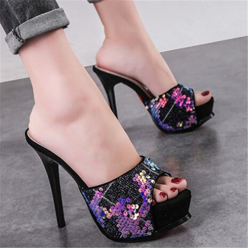 

New Pee-pee 2021 Fashion in Will See High Heels 12cm Women's Slippers Outdoors Ladies Black Shoes STL2, Beige