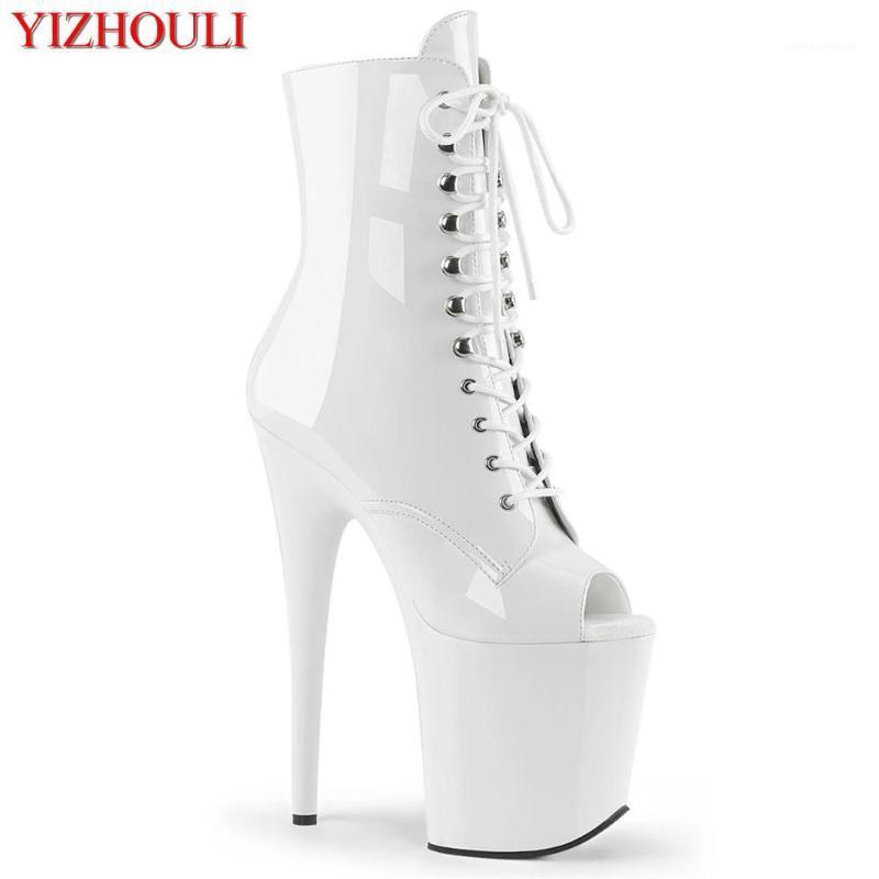 

Black paint 20 cm high pole dancing shoes, banquet stage show boots, fish mouth zipper, ankle boots1