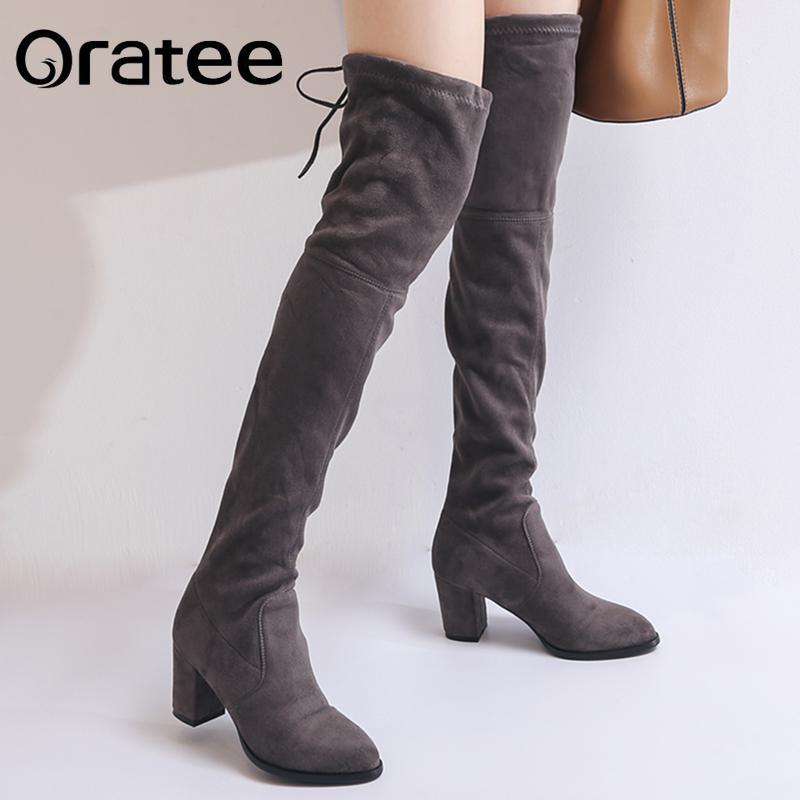 

New Flock Leather Women Over The Knee Boots Lace Up Sexy High Heels Women Shoes Lace Up Winter Female Boots Warm Plus Size, Armygreen