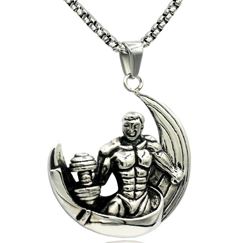 

Dumbbell Moon Pendant Necklace Stainless Steel Chain Muscle Men Fitness Hippie Power Necklace Men CrossFit Jewelry